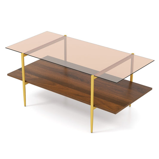 2-Tier Glass Coffee Table with Tampered Glass Tabletop & Open Storage Shelf-Brown