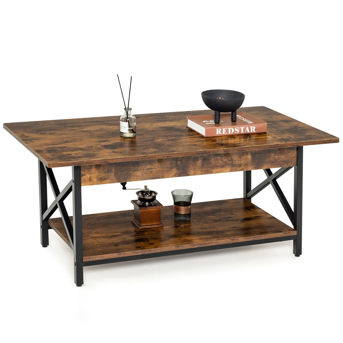 2-Tier Industrial Coffee Table in Rustic Brown