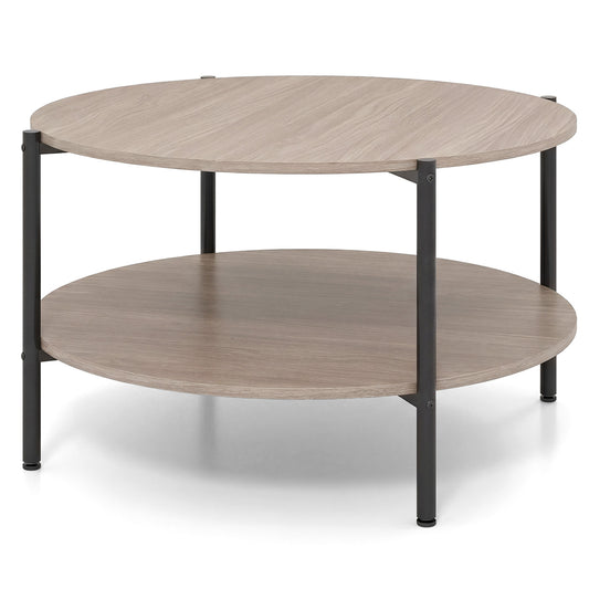 2-Tier Industrial Round Coffee Table with Open Storage Shelf in Grey