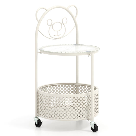 2-Tier Mobile Glass Coffee Table with Bear Pattern and Storage Basket-White