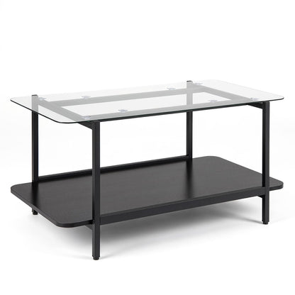 2-Tier Rectangular Tempered Glass Coffee Table with Storage Shelf in Black