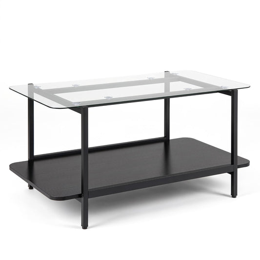 2-Tier Rectangular Tempered Glass Coffee Table with Storage Shelf in Black