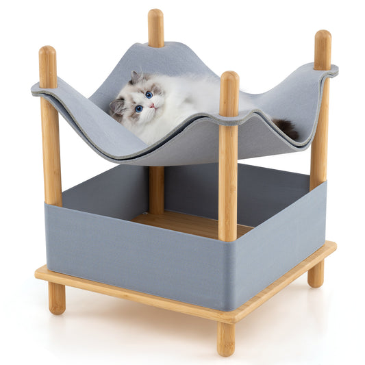 2-Tier Wooden Cat House Modern Cat Tree with Semi-enclosed Condo-Grey
