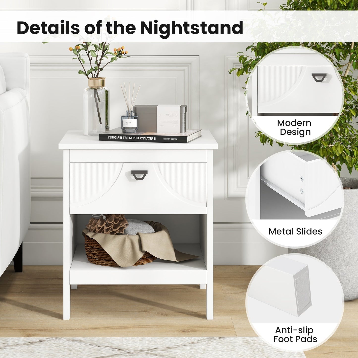 2-tier End Table with Drawer and Open Storage Shelf-White