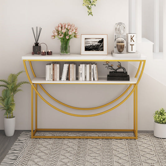 2-Tier Faux Marble Top Console Table with Storage Shelf-White & Golden