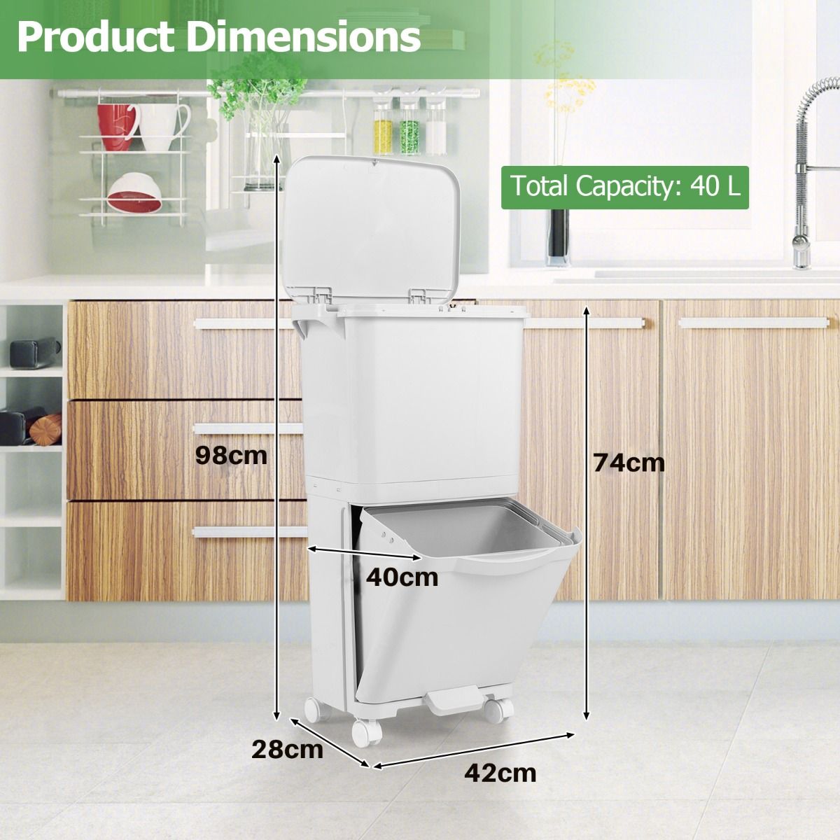 2-Tier Trash Can with Tilt-Designed Bottom Bin and Lockable Wheels