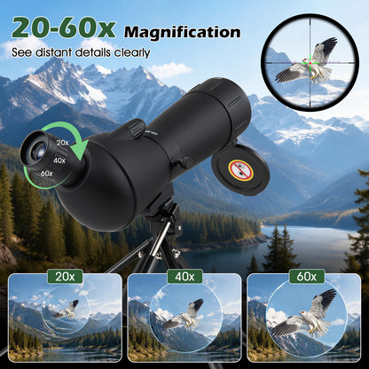 20-60x60 HD Spotting Scope with Tripod and Phone Adapter for Birds-Black
