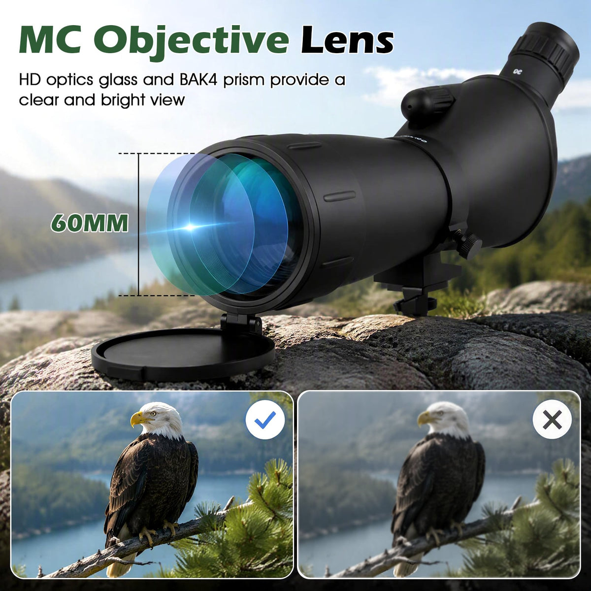 20-60x60 HD Spotting Scope with Tripod and Phone Adapter for Birds-Black