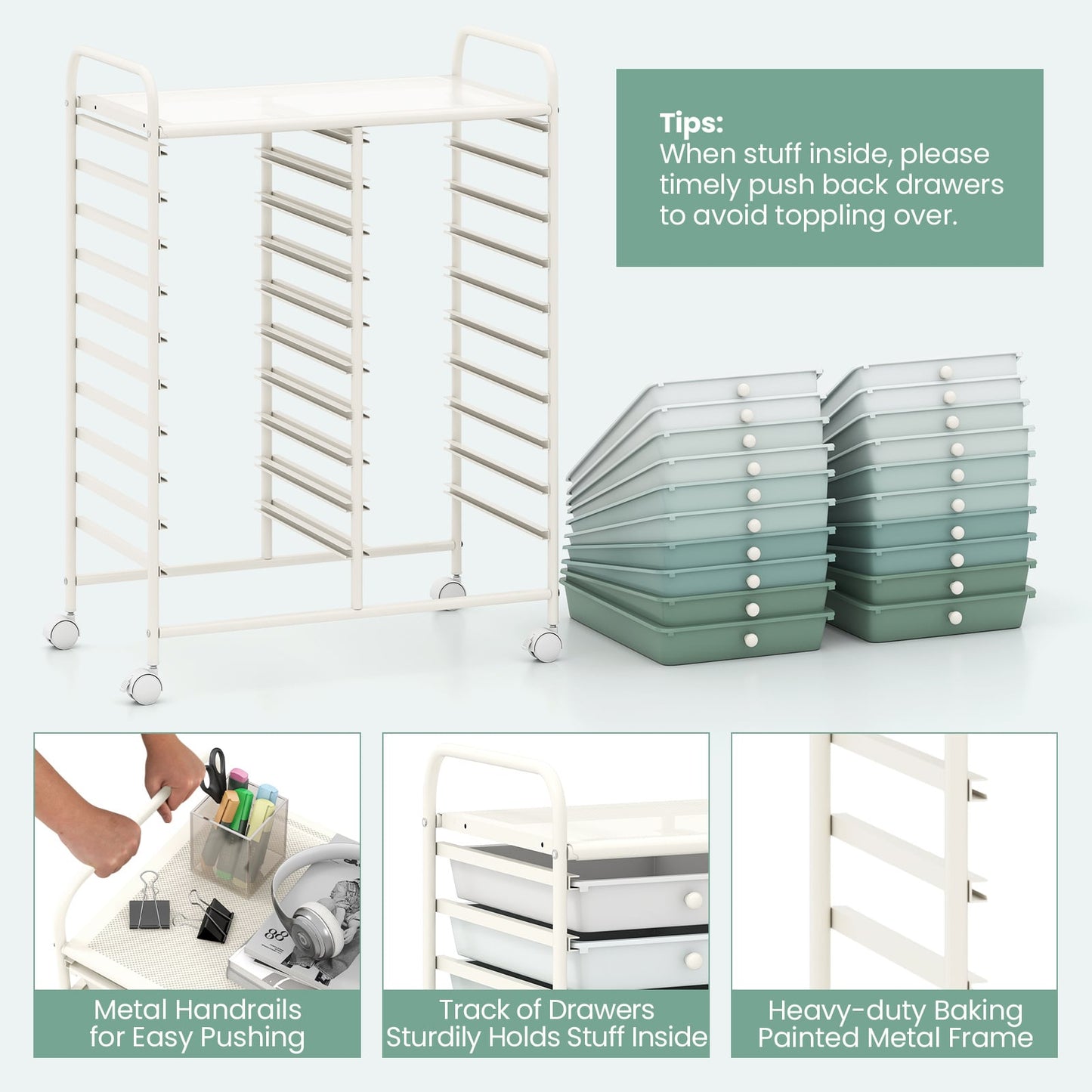 20 Drawers Storage Trolley with 4 Wheels for Beauty Salon-Green