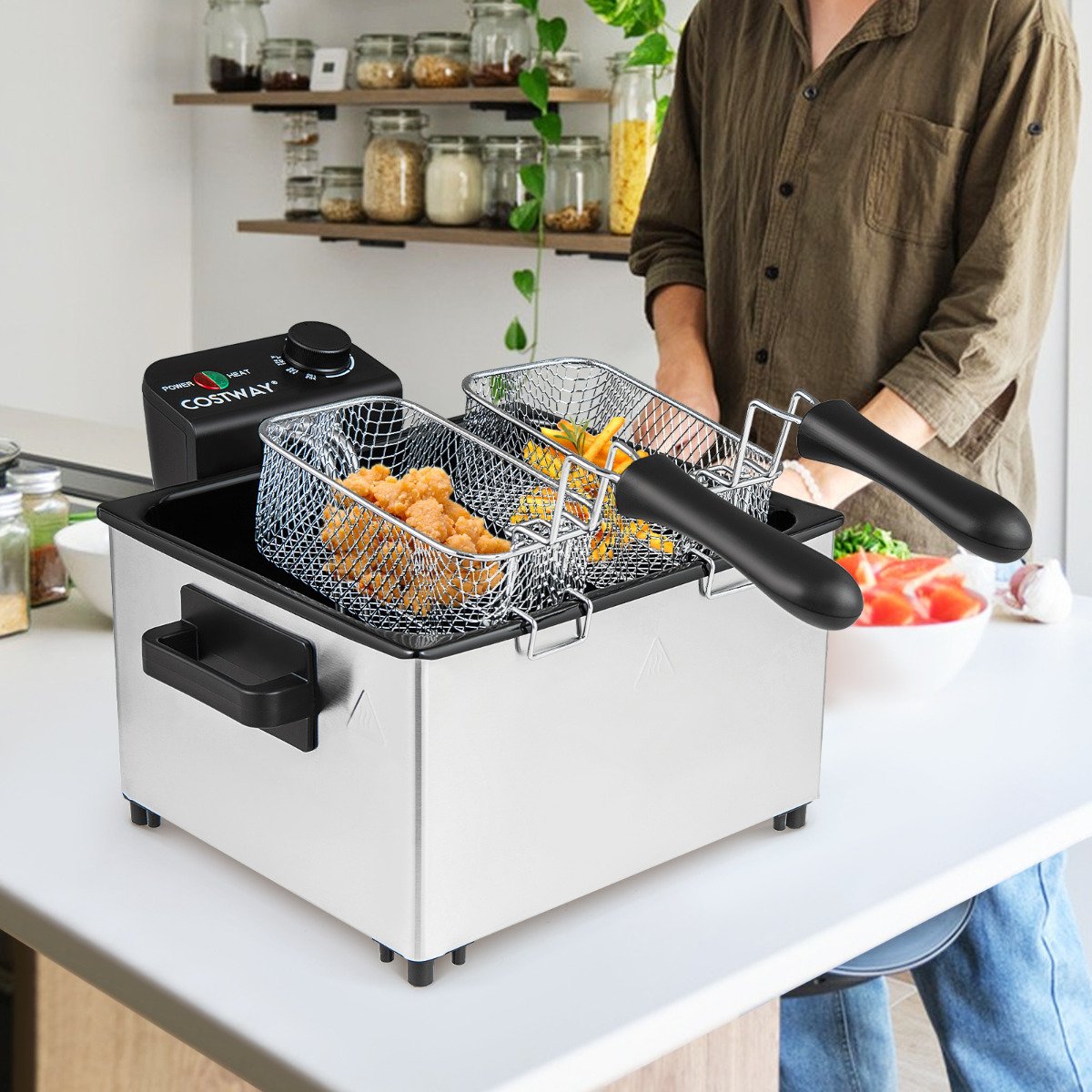 2000W Electric Deep Fryer Stainless Steel Countertop Frying Pot with 3 Baskets