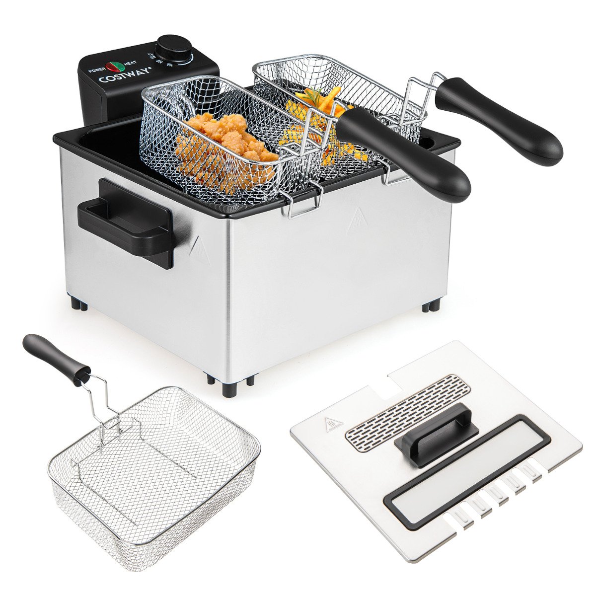 2000W Electric Deep Fryer Stainless Steel Countertop Frying Pot with 3 Baskets