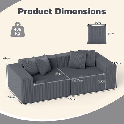 204 cm Boneless Sofa Couch Corduroy Upholstered Loveseat with Deep Seat and Backrest-Grey