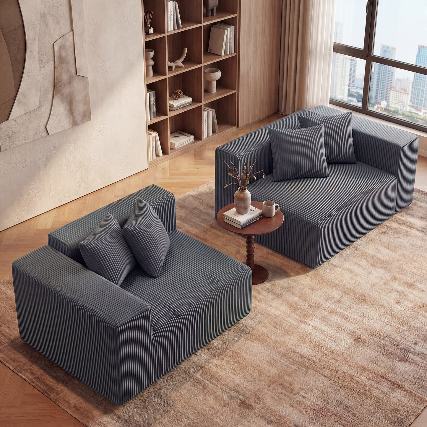 204 cm Boneless Sofa Couch Corduroy Upholstered Loveseat with Deep Seat and Backrest-Grey