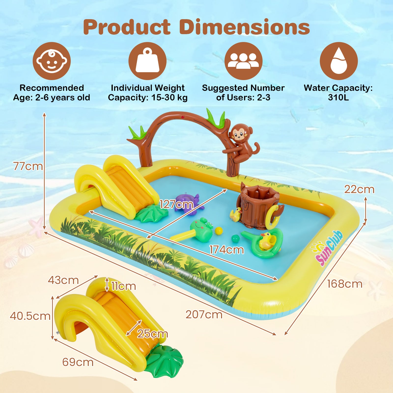 207 x 168 x 77 cm Animal Inflatable Play Center with Slide and Arch-shaped Sprinkle for Children