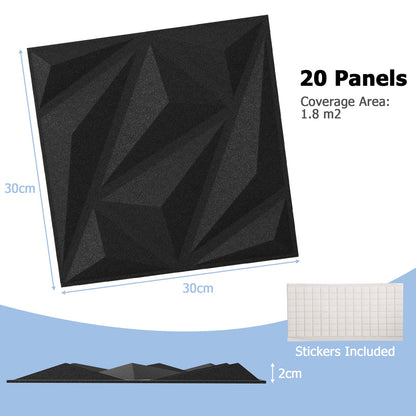 20-Pack 3D Acoustic Wall Panels with Diamond Texture-Black