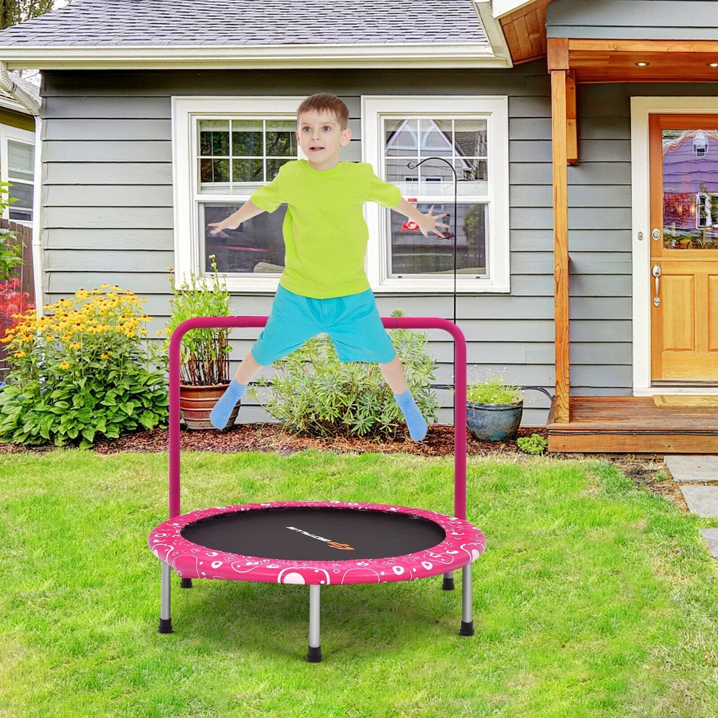 Child's Folding Trampoline with Padded Edge Cover and Full Covered Handle-Pink