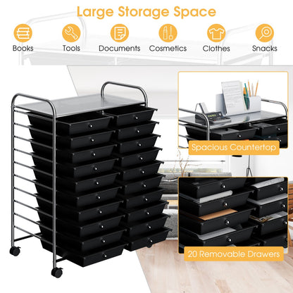 20 Drawers Storage Rolling Cart Studio Organizer-Black