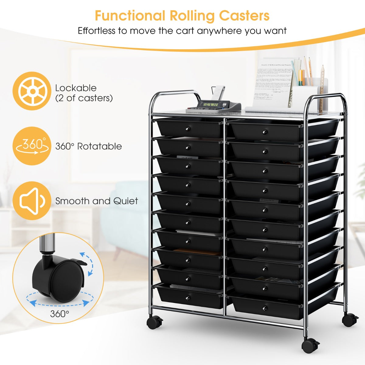 20 Drawers Storage Rolling Cart Studio Organizer-Black