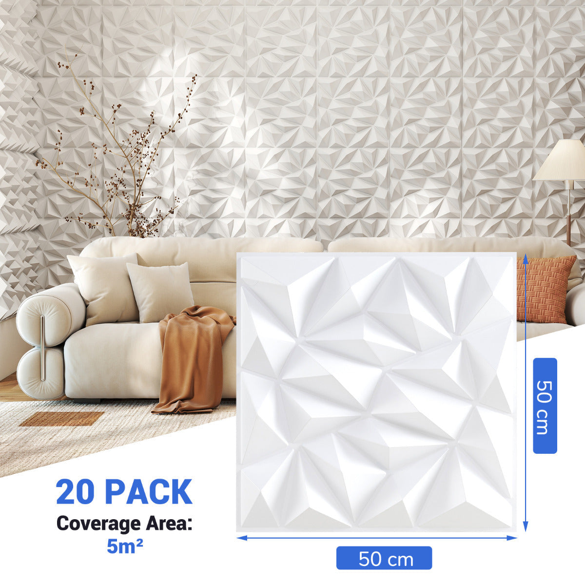20-Pack 3D Wall Panels with Decorative Diamond Patterns-White