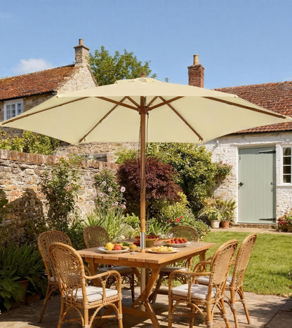 Outsunny 2.5m Wood Garden Parasol Sun Shade Patio Outdoor Wooden Umbrella Canopy, Table Market Umbrella with Vent, 38mm Pole, Rope Pulley Mechanism, Cream White
