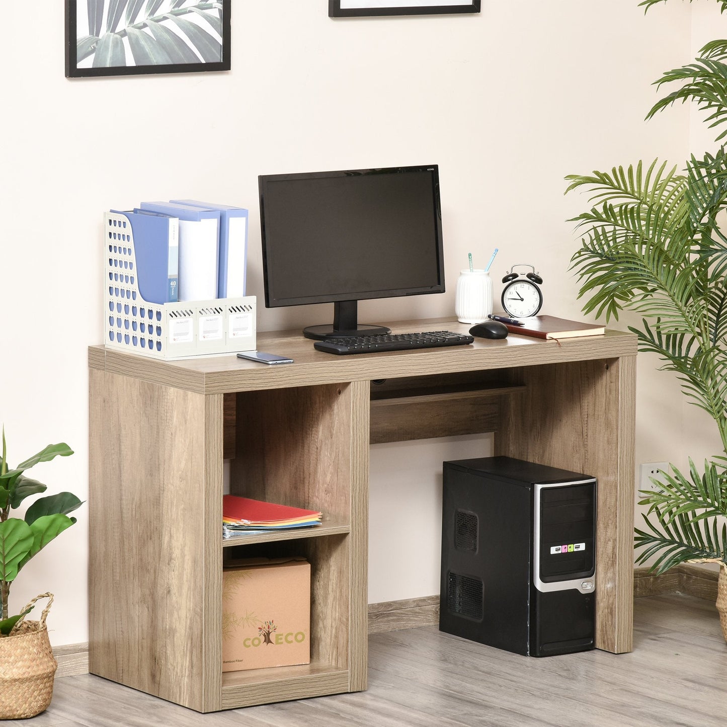 Rectangle Computer Desk Thick Board with Shelves Home Office Table, Wood Color