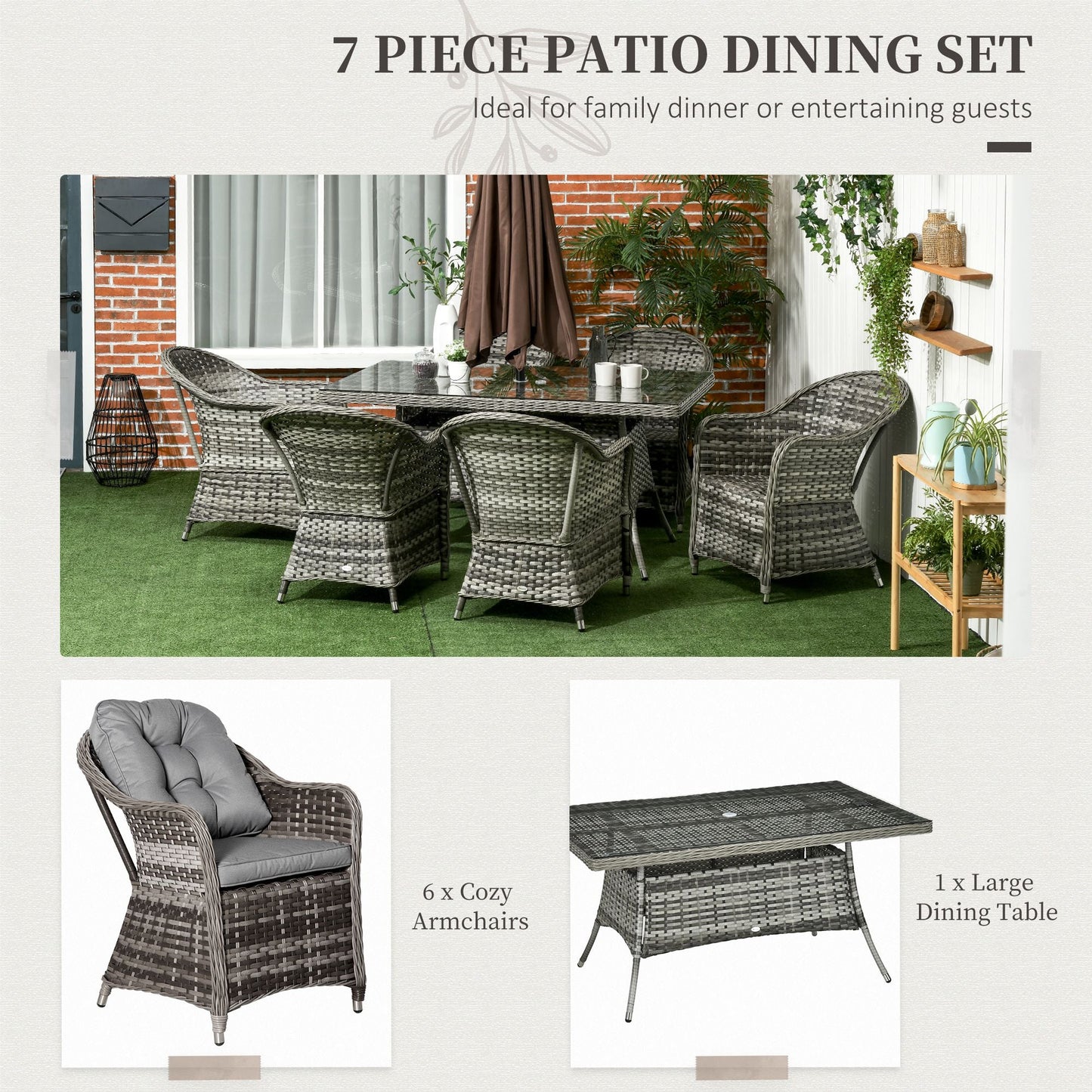 Outsunny 6 Seater Rattan Dining Set with Seat and Back Cushions, Round PE Rattan Garden Furniture Set, Outdoor Dining Table and Chairs, Rectangular Glass Top Table with Umbrella Hole, Grey