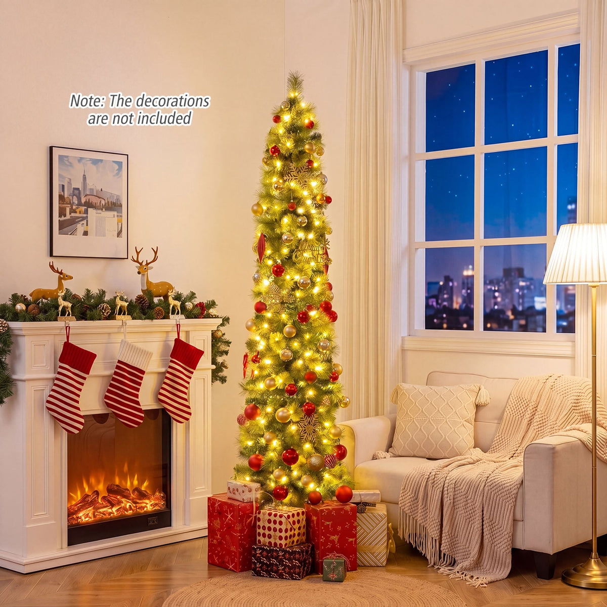 210 cm Pre-lit Pencil Christmas Tree with 120/150 Warm White LED Lights and 8 Modes