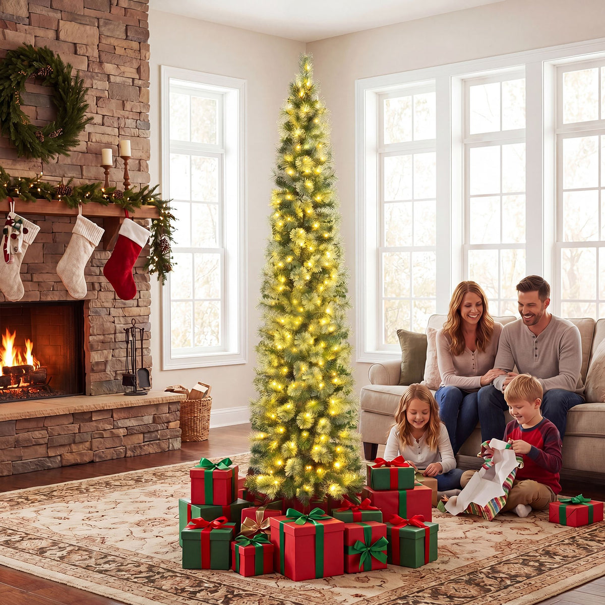 210 cm Pre-lit Pencil Christmas Tree with 120/150 Warm White LED Lights and 8 Modes