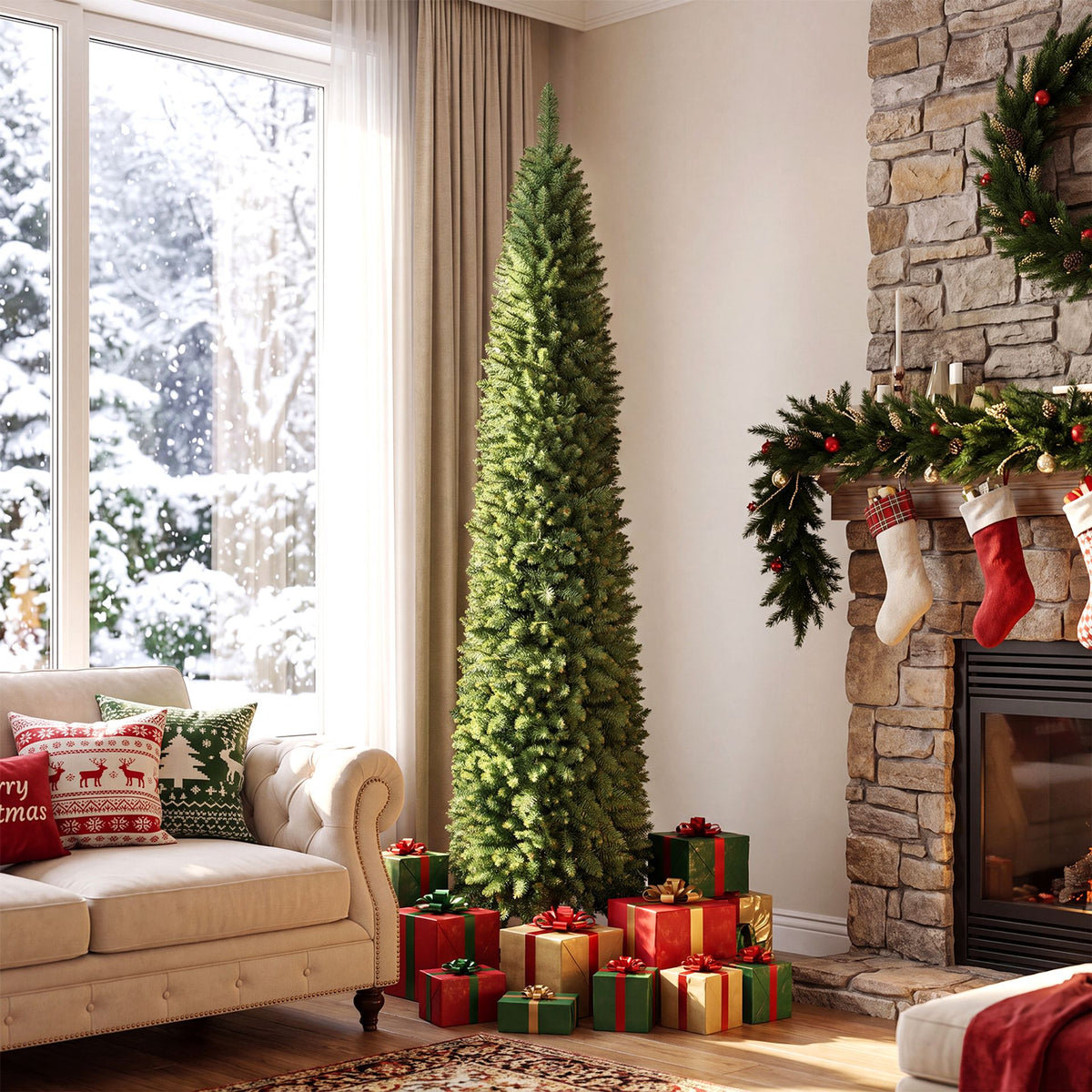 211cm Artificial Slim Xmas Tree with Full Branch Tips and Warm White LED Lights for Party