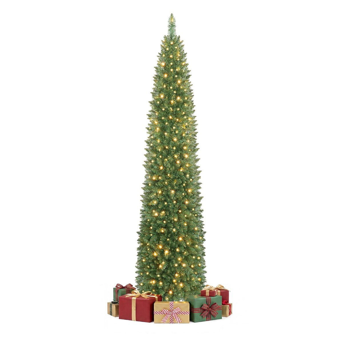 211cm Artificial Slim Xmas Tree with Full Branch Tips and Warm White LED Lights for Party