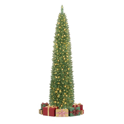 211cm Artificial Slim Xmas Tree with Full Branch Tips and Warm White LED Lights for Party