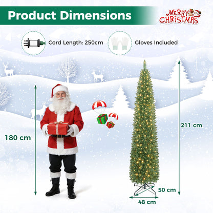 211cm Artificial Slim Xmas Tree with Full Branch Tips and Warm White LED Lights for Party