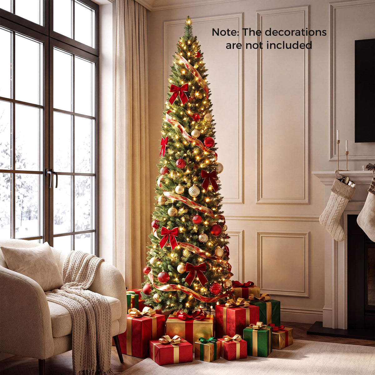 211cm Artificial Slim Xmas Tree with Full Branch Tips and Warm White LED Lights for Party