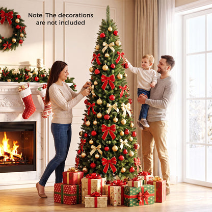 211cm Artificial Slim Xmas Tree with Full Branch Tips and Warm White LED Lights for Party