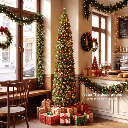 211cm Artificial Slim Xmas Tree with Full Branch Tips and Warm White LED Lights for Party