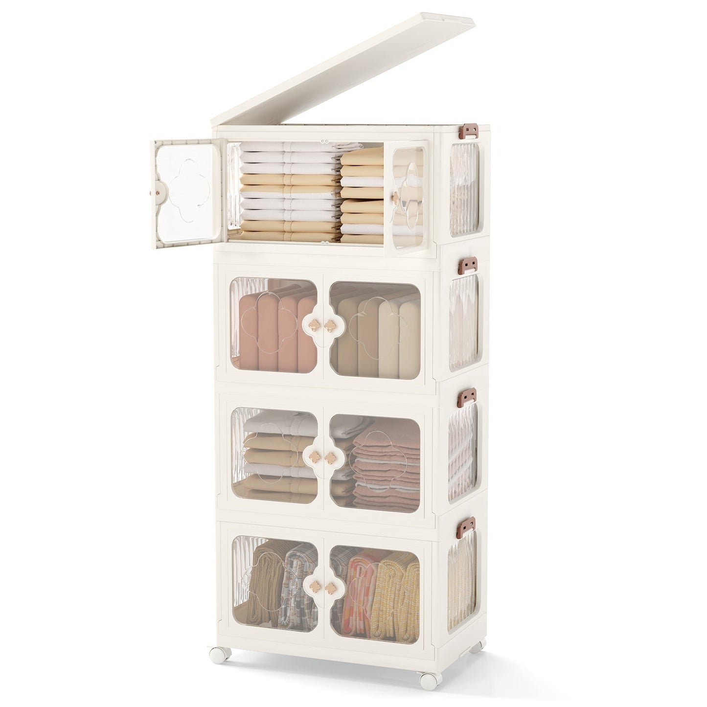 Stackable Storage Containers with Wheels and Lit-White-4-Tier
