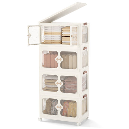 Stackable Storage Containers with Wheels and Lit-White-4-Tier