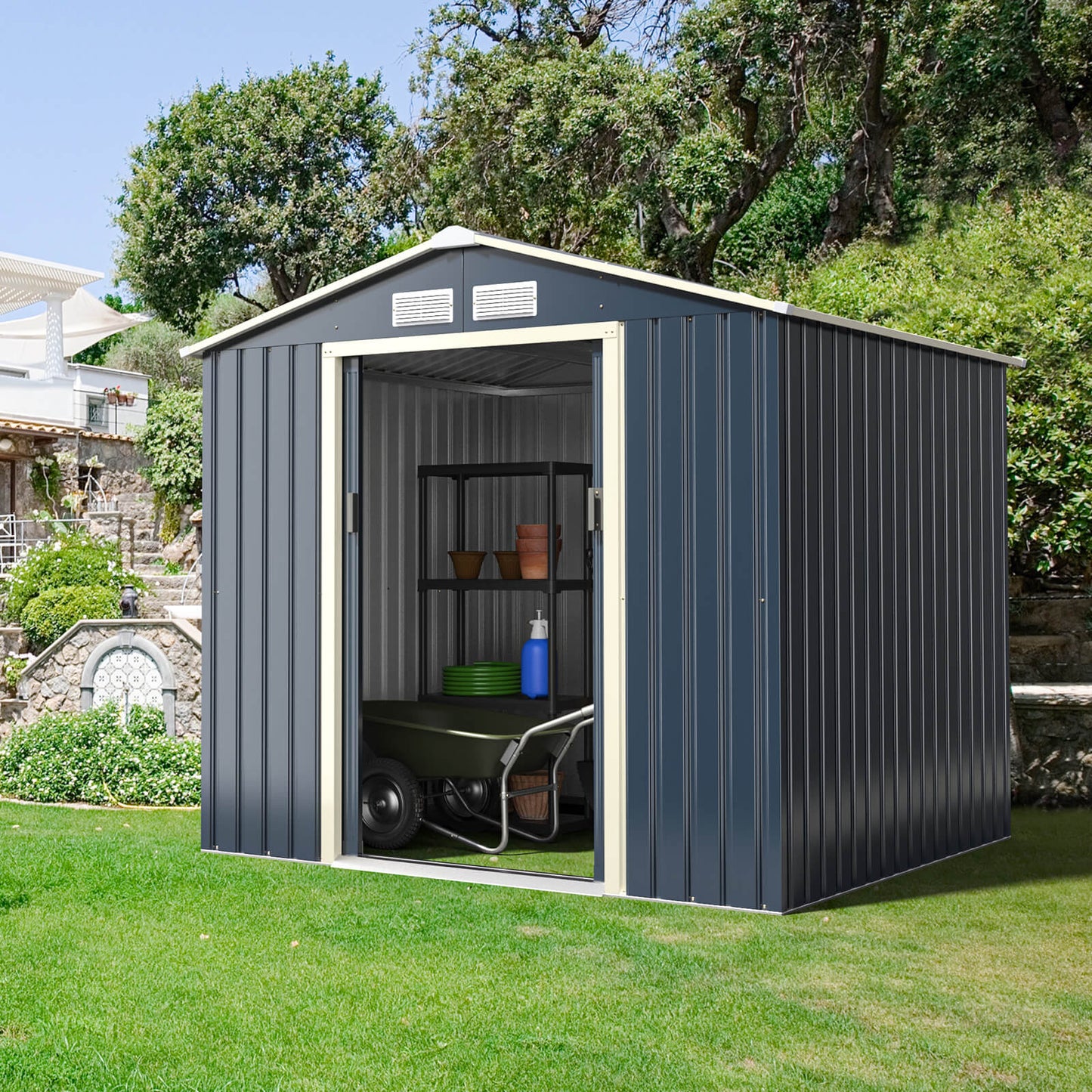 213cm x 191cm Outdoor Storage Shed Large Storage House with Sliding Door
