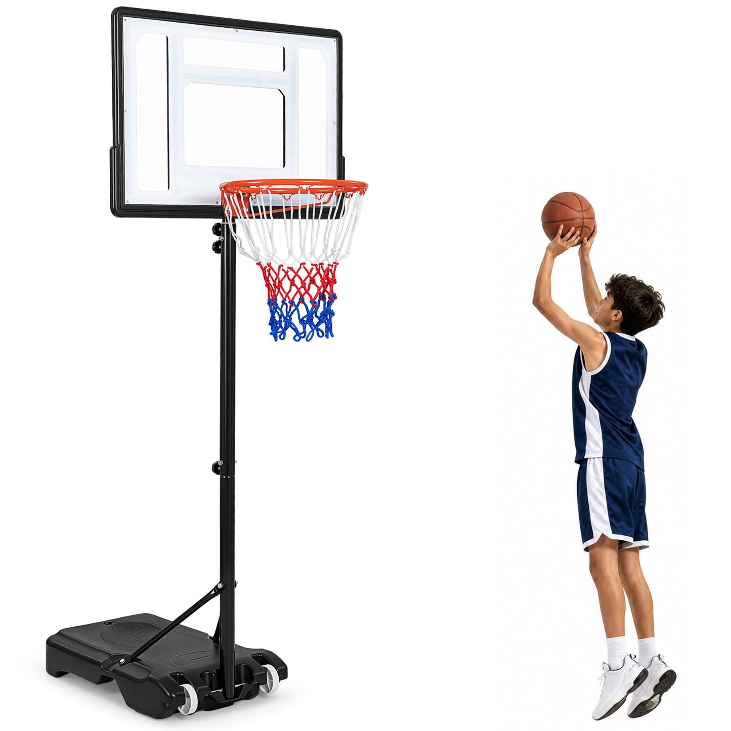 215-260 cm Rim Height Adjustable Basketball Hoop Outdoor with Clear PET Backboard and Wheels for Teens Youth