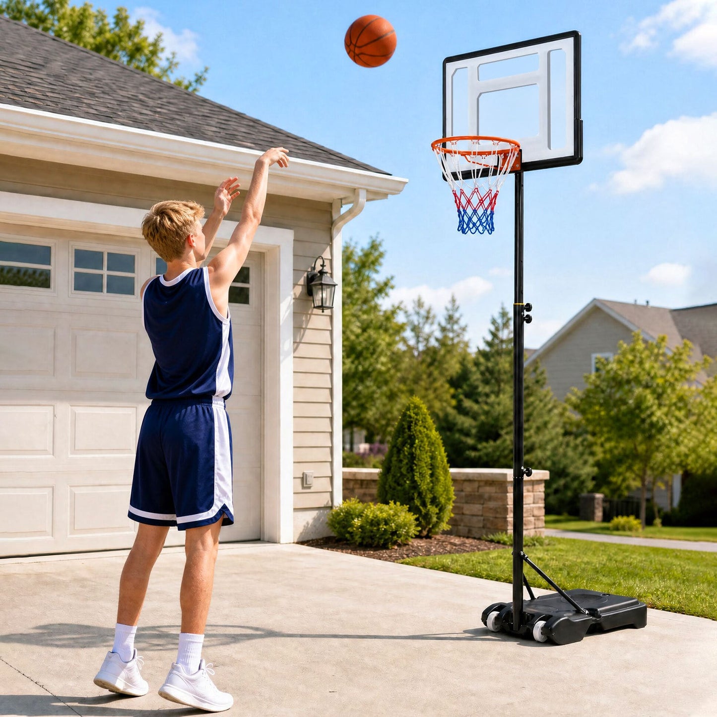 215-260 cm Rim Height Adjustable Basketball Hoop Outdoor with Clear PET Backboard and Wheels for Teens Youth