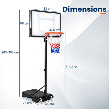 215-260 cm Rim Height Adjustable Basketball Hoop Outdoor with Clear PET Backboard and Wheels for Teens Youth