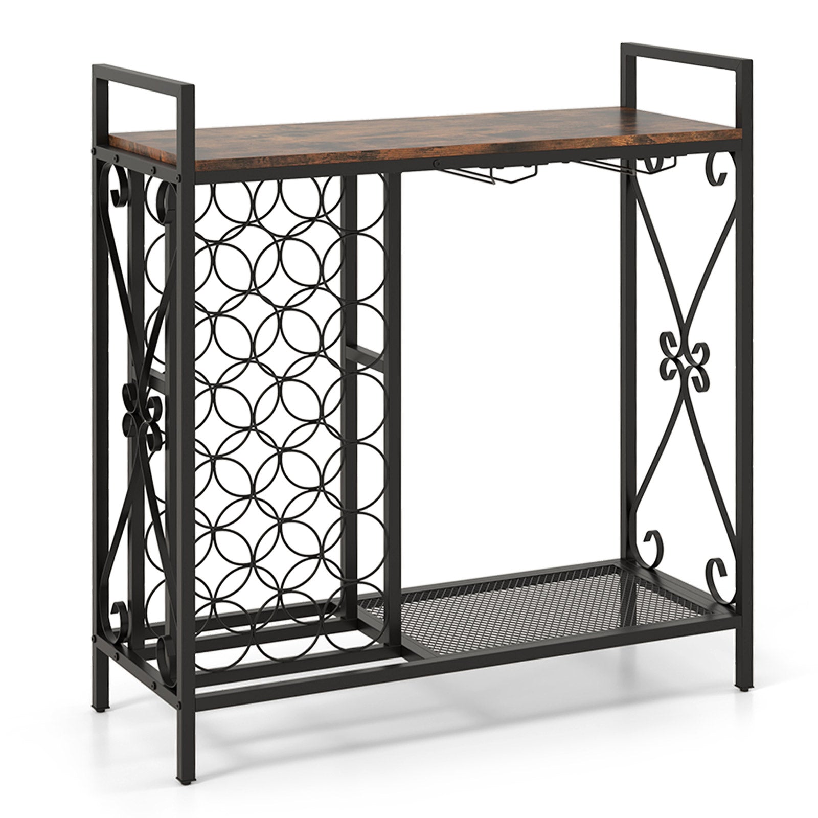21 Bottle Wine Rack Freestanding with Glass Holder and Wooden Countertop-Rustic Brown