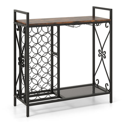 21 Bottle Wine Rack Freestanding with Glass Holder and Wooden Countertop-Rustic Brown
