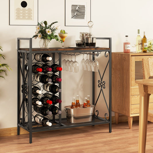 21 Bottle Wine Rack Freestanding Floor Wine Bottle Organizer with Glass Holder-Rustic Brown