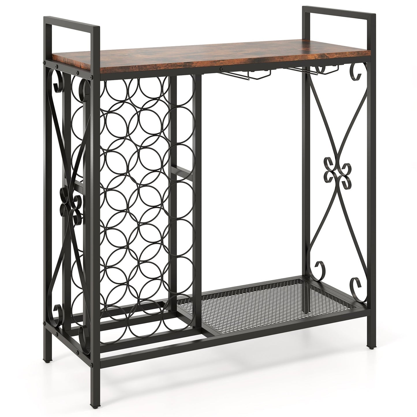 21 Bottle Wine Rack Freestanding Floor Wine Bottle Organizer with Glass Holder-Rustic Brown