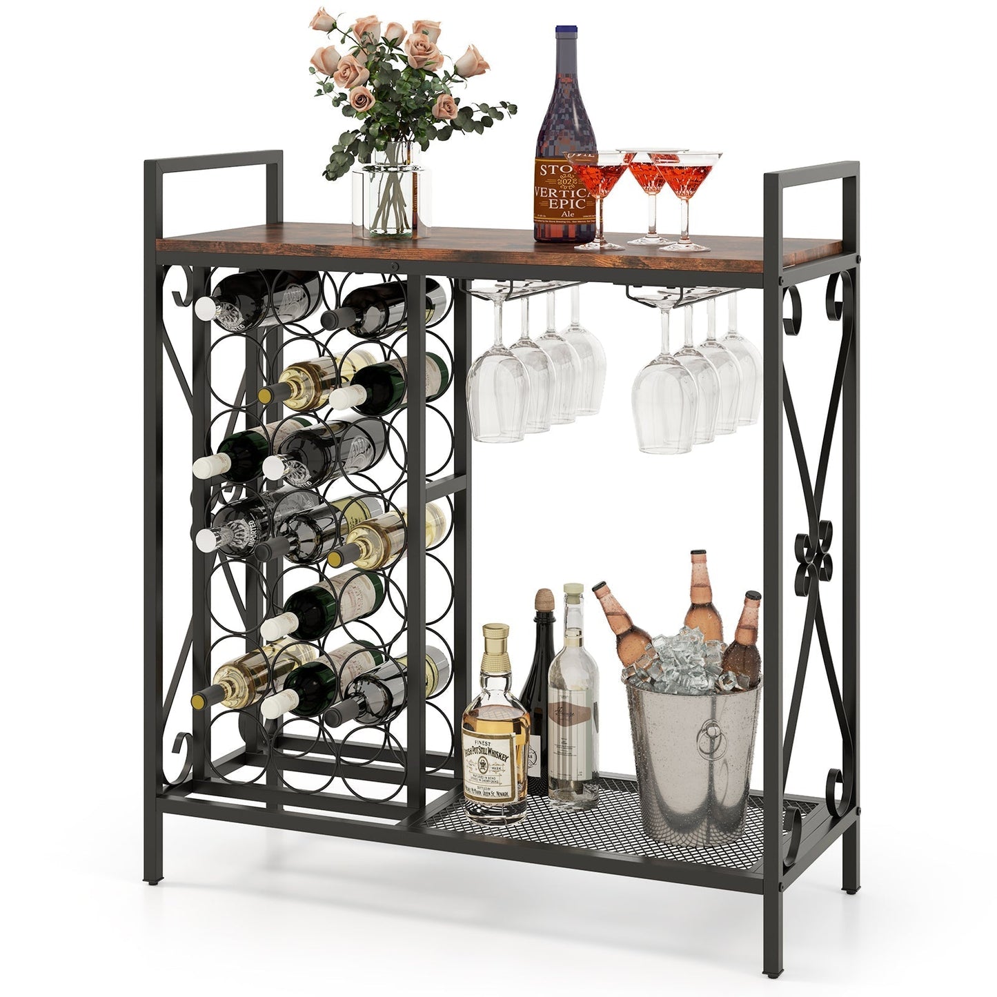 21 Bottle Wine Rack Freestanding Floor Wine Bottle Organizer with Glass Holder-Rustic Brown