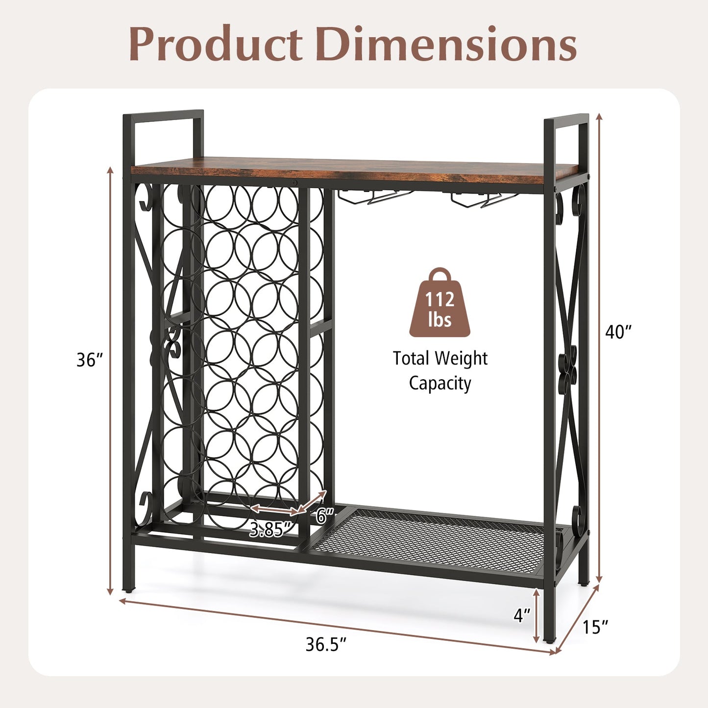 21 Bottle Wine Rack Freestanding Floor Wine Bottle Organizer with Glass Holder-Rustic Brown