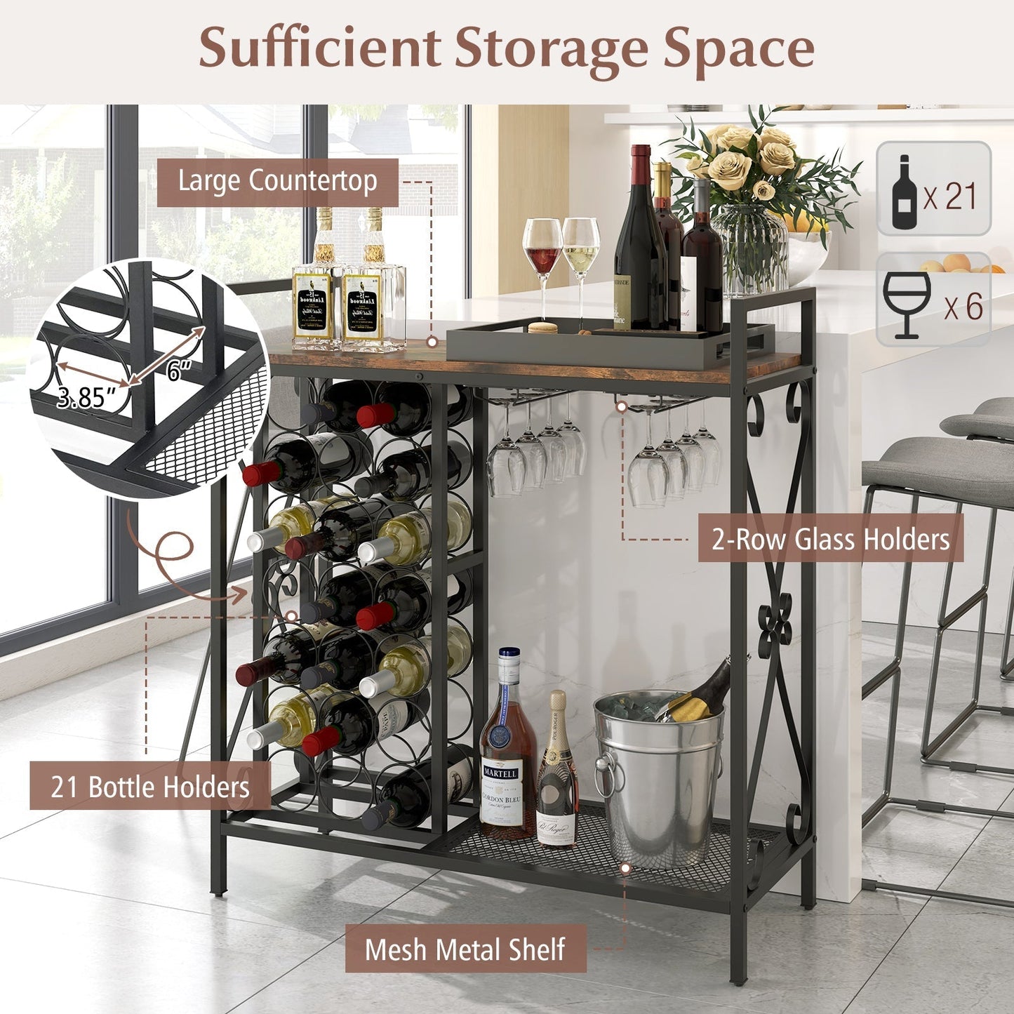 21 Bottle Wine Rack Freestanding Floor Wine Bottle Organizer with Glass Holder-Rustic Brown