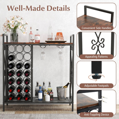 21 Bottle Wine Rack Freestanding Floor Wine Bottle Organizer with Glass Holder-Rustic Brown