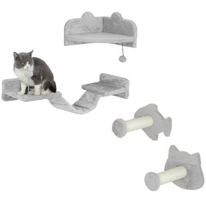 PawHut 4PCs Cat Wall Shelves with Steps, Ladder, Jumping Platforms, Light Grey